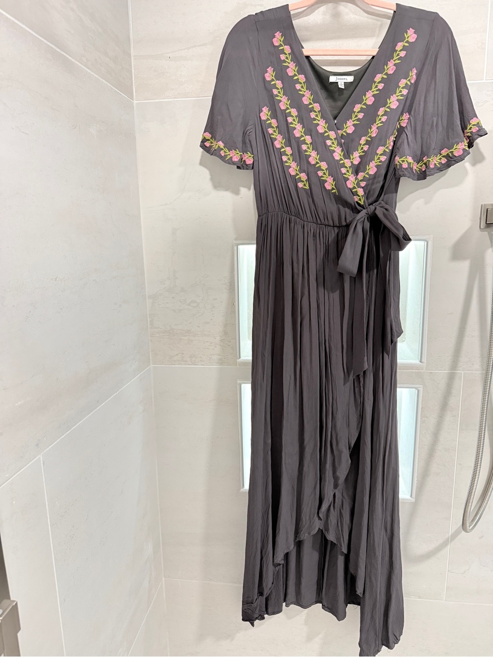 JODIFL Charcoal Maxi Wrap Dress with Pink Floral Embroidery